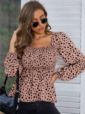SHEIN Pink Shirred Square Neck Peplum Blouse with Black Spot Print